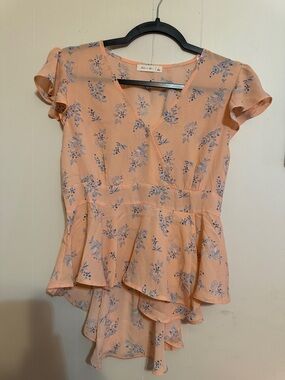 Active USA Peach Floral Peplum Top with Blue Print